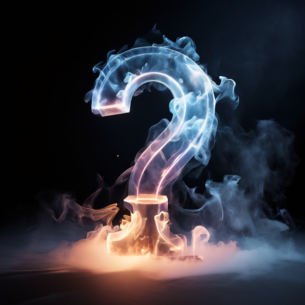 반투명 안개로 형성된 빛나는 추상적 물음표 속에 일상적인 사물들의 희미하고 변화하는 이미지가 갇혀 있는 개념적 시각화 이미지입니다.