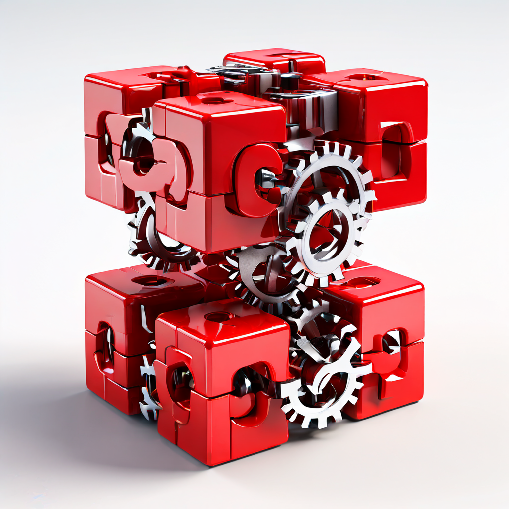 3번째 이미지는 상호 연결된 기어와 데이터 큐브로 구성된 3D 퍼즐 구조에서, 하나의 빨간색 불일치 조각이 전체 시스템에 눈에 띄는 균열을 일으키는 문제 상황을 시각적으로 표현합니다.