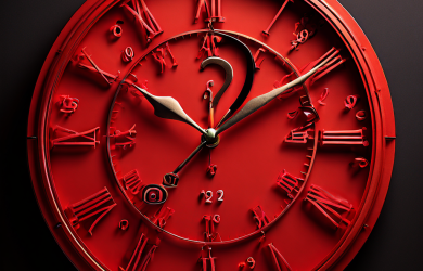 두 개의 날짜가 표시된 달력 사이에 위치한 시계 위의 빨간색 물음표는 마감 기한과 시간 압박에 대한 불확실성을 상징적으로 표현한 개념 이미지입니다.