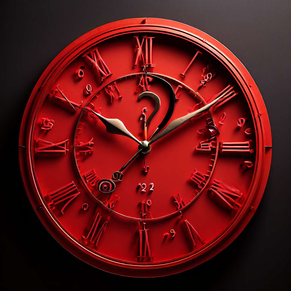 두 개의 날짜가 표시된 달력 사이에 위치한 시계 위의 빨간색 물음표는 마감 기한과 시간 압박에 대한 불확실성을 상징적으로 표현한 개념 이미지입니다.