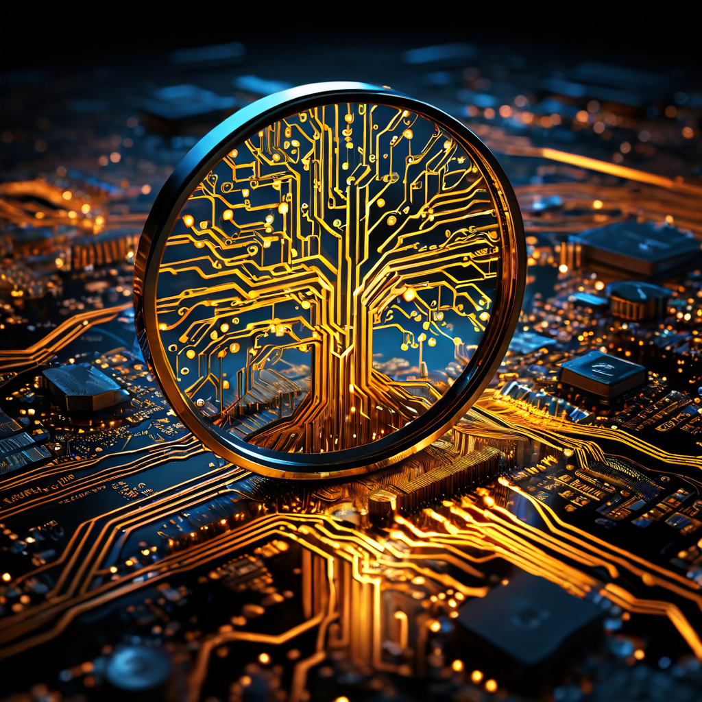 복잡한 회로 기판 위에 놓인 돋보기가 흐르는 데이터 스트림 속에서 단일 부품의 균열을 근본 원인으로 집중 조명하는 기술 진단 과정을 보여줍니다.