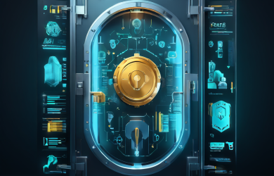 세련된 금융 웹사이트 인터페이스에 통합된 보안 금고 문이 디지털 화폐 아이콘을 보호하는 안전 잠금장치와 방어막을 갖추고 있는 모습을 나타낸 이미지입니다.