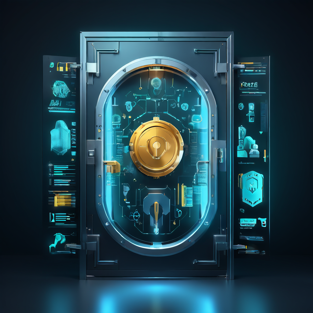 세련된 금융 웹사이트 인터페이스에 통합된 보안 금고 문이 디지털 화폐 아이콘을 보호하는 안전 잠금장치와 방어막을 갖추고 있는 모습을 나타낸 이미지입니다.