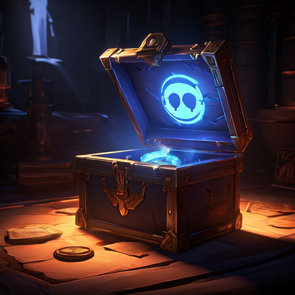 확률형 아이템이 담긴 반짝이는 게임 뽑기 상자의 확률 표시 부분을 확대경으로 살펴보며, 그 정당성에 의문을 제기하는 듯한 회의적인 그림자가 드리워진 모습을 묘사한 일러스트입니다.