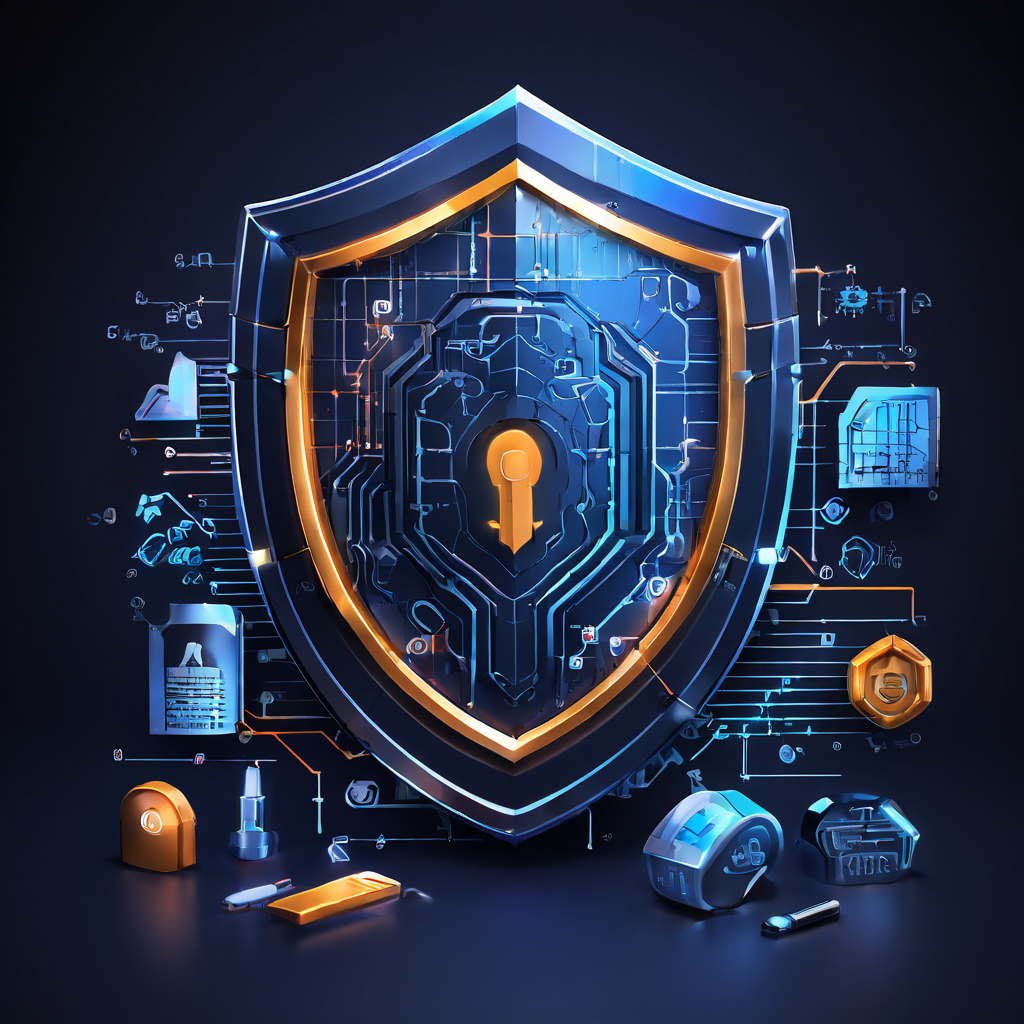 보안 수준을 측정하는 자물쇠, 그래프, 지문 아이콘 등 다양한 도구가 3D 방패 아이콘을 분석하여 종합적인 보안 평가를 진행하는 모습을 묘사한 개념도입니다.