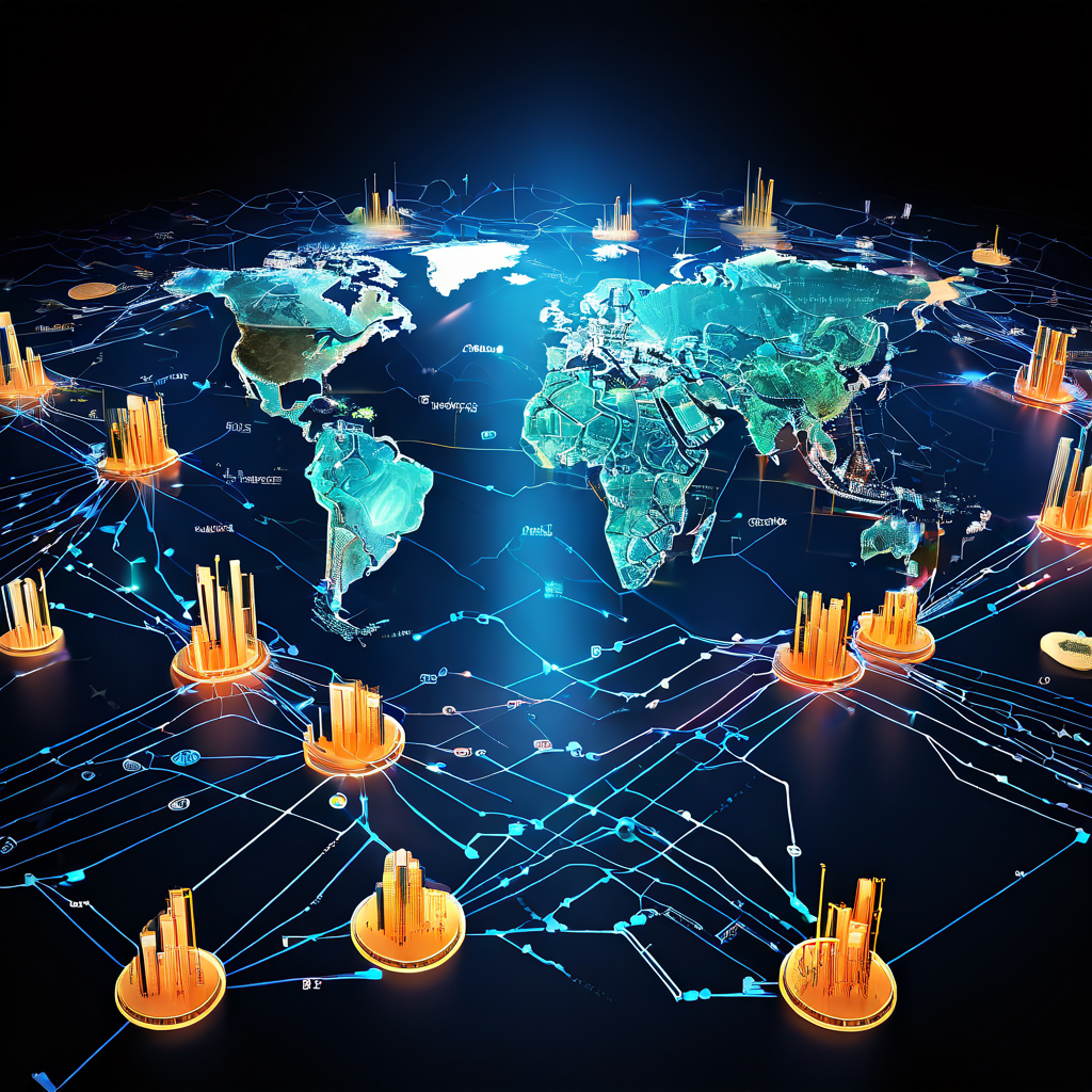 글로벌 금융 네트워크가 연결된 노드와 흐르는 자본 흐름으로 표현되고 다양한 차트와 증서가 중첩되어 다각적인 금융 역량을 상징하는 개념 이미지입니다.