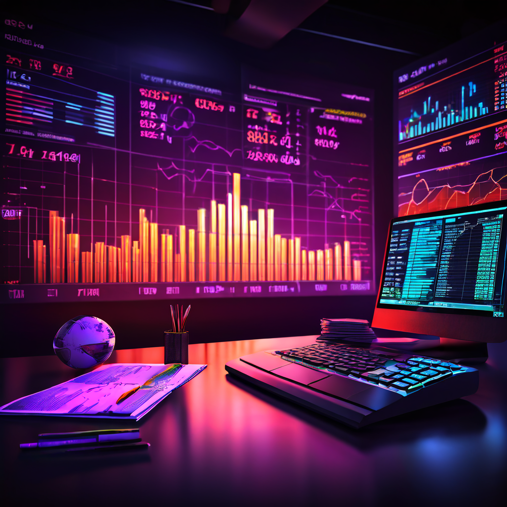 성공적인 고액 외환 거래를 나타내는 차트를 분석하는 모습으로, 배경에는 다양한 금융 데이터와 통계 그래프가 표시되어 있습니다.