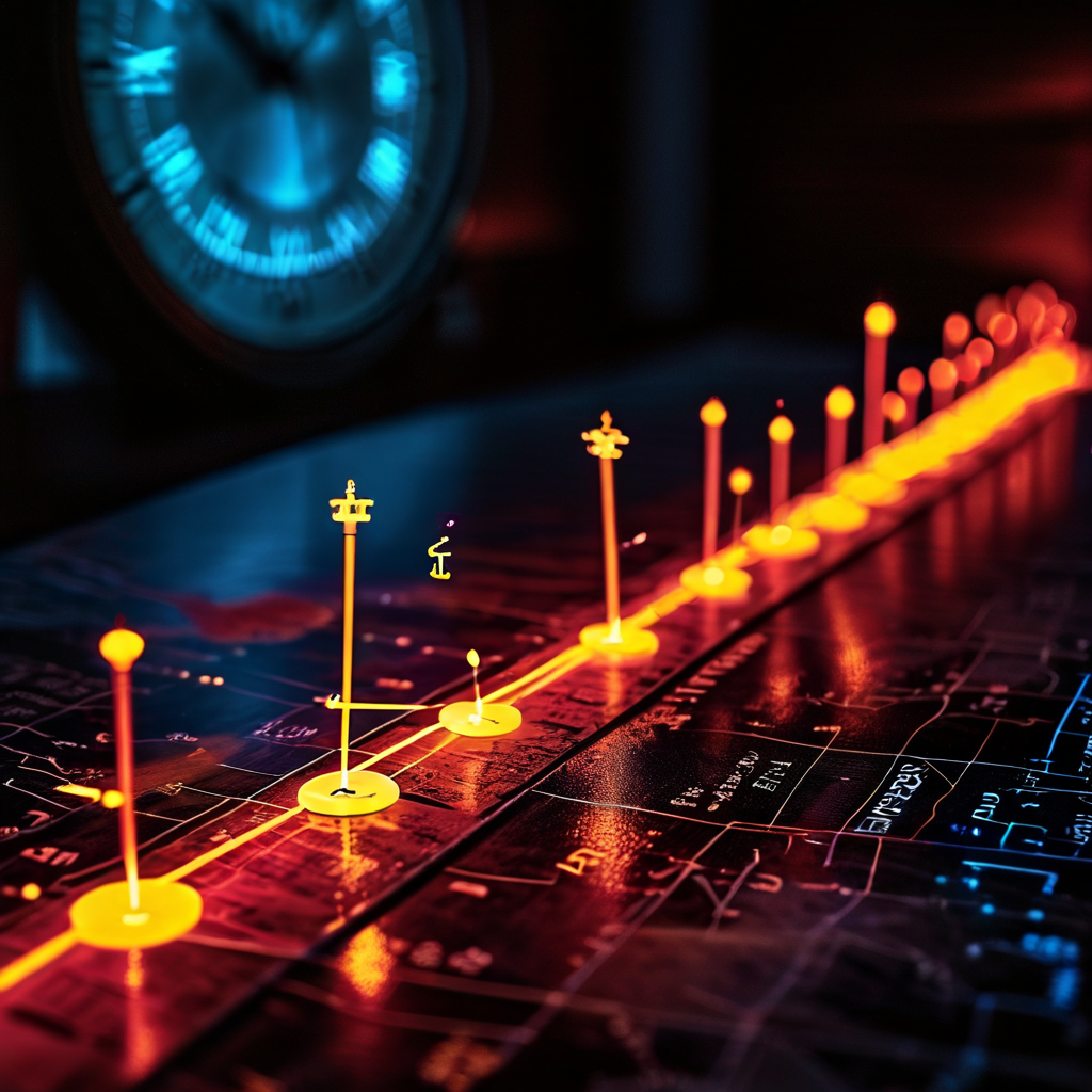 프로젝트의 현재 시점에서 출발하여 준비 기간까지 다양한 시간대를 거슬러 올라가는 계획 타임라인 맵을 시각적으로 표현한 다이어그램입니다.