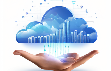 동전으로 구성된 디지털 구름 아이콘 옆에서 손이 예산 다이얼을 조정하며, 구름에서 하락하는 비용 추세를 나타내는 그래프가 투사되는 클라우드 비용 최적화 개념을 시각화한 이미지입니다.