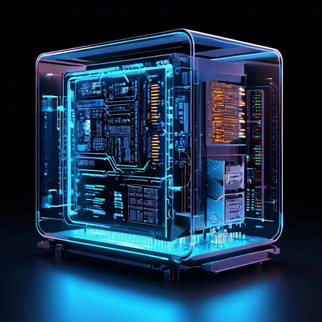 서버의 단면 구조에서 빛나는 내부 회로가 간단한 결제 거래 애니메이션을 구동하며 데이터 처리와 디지털 금융의 핵심 인프라를 시각화한 이미지입니다.