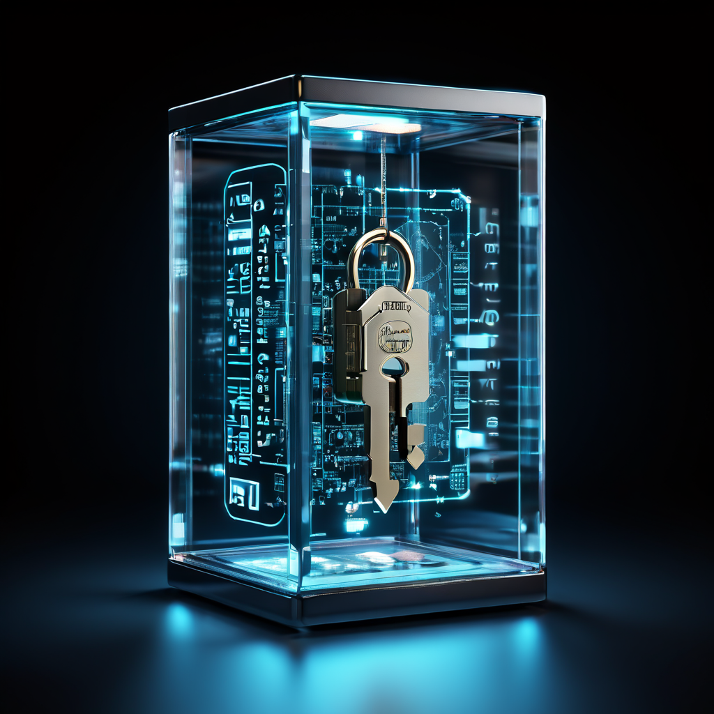 디지털 키가 편리한 금고와 깨지기 쉬운 유리 상자 사이에 떠 있는 모습으로 저장된 비밀번호의 보안과 취약성을 상징적으로 표현한 이미지입니다.