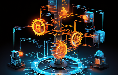 복잡한 기어와 화살표로 표현된 공유 비용 흐름이 자동화 시스템으로 전환되어 효율성을 높이는 과정을 보여주는 개념도입니다.