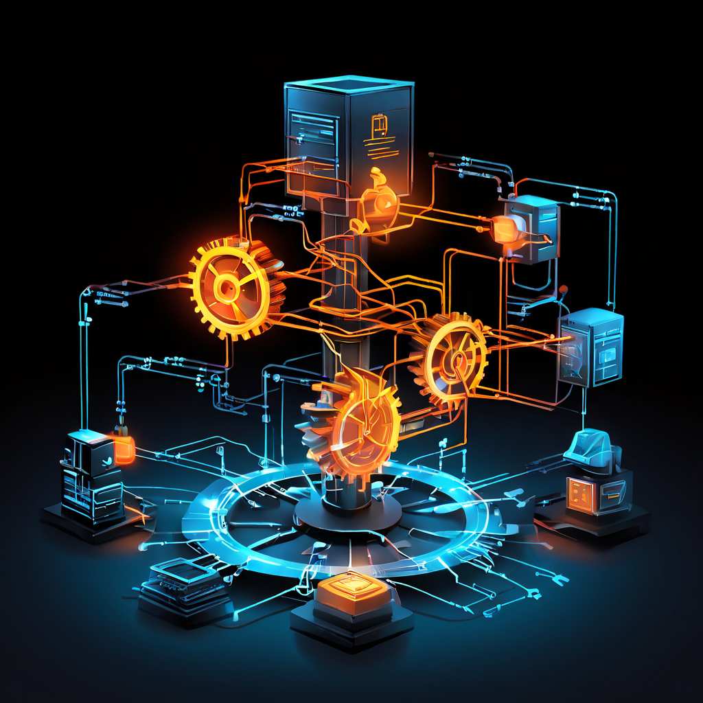 복잡한 기어와 화살표로 표현된 공유 비용 흐름이 자동화 시스템으로 전환되어 효율성을 높이는 과정을 보여주는 개념도입니다.