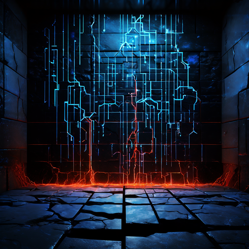 디지털 기술이 물리적 현실의 균열을 완전히 메우지 못하는 한계를 상징적으로 보여주는 이미지로, 이진법 코드가 흐르는 빛의 그물망이 갈라진 콘크리트 벽면을 덮고 있습니다.