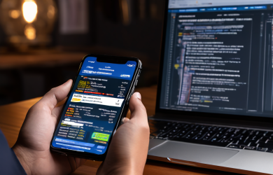 혼란스러워하는 사람이 번역이 부정확한 해외 스포츠 베팅 사이트가 열린 스마트폰을 들고 있으며, 옆에는 정확한 번역 문서가 놓인 전문 번역가의 책상이 대비되어 있습니다.