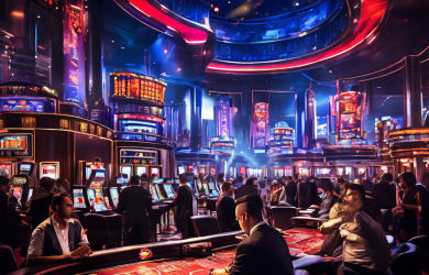 다양한 국적의 플레이어들이 여러 언어로 표시된 카지노 환경에서 서로 소통하며 다양한 게임 테이블에서 즐거운 시간을 보내는 활기찬 카지노 내부 모습을 담은 이미지입니다.