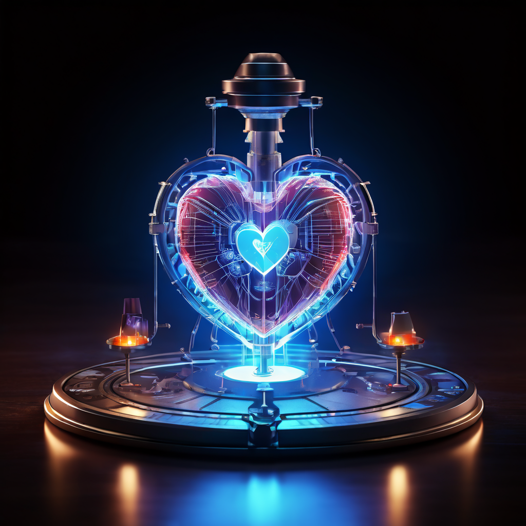 인공지능과 인간의 조화를 상징하는 저울 위에 놓인 빛나는 반도체 칩과 인간의 심장이 윤리적 평가 기준과 함께 균형을 이루는 모습을 담은 이미지입니다.