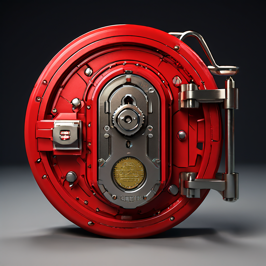 예산 제한을 상징하는 대형 금고 문이 자물쇠 장치로 동전이 넘쳐나는 지갑의 진입을 물리적으로 막고 있으며, 문에는 빨간색 'BUDGET' 라벨이 부착되어 있습니다.