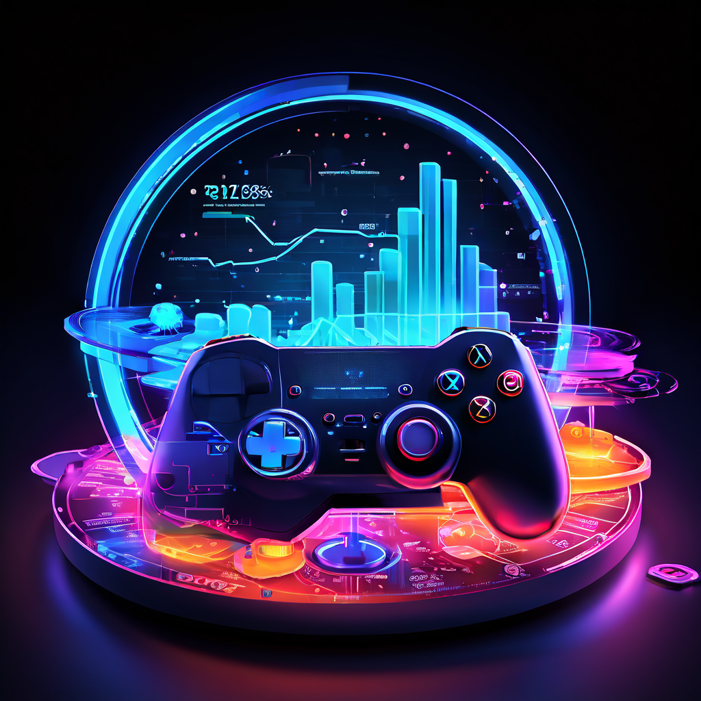 게임 컨트롤러 위에 떠 있는 환형 차트를 확대경으로 분석하며, 데이터 스트림이 흐르는 배경에서 게임 사용자 이탈률(Return Rate)을 시각화한 개념 이미지입니다.