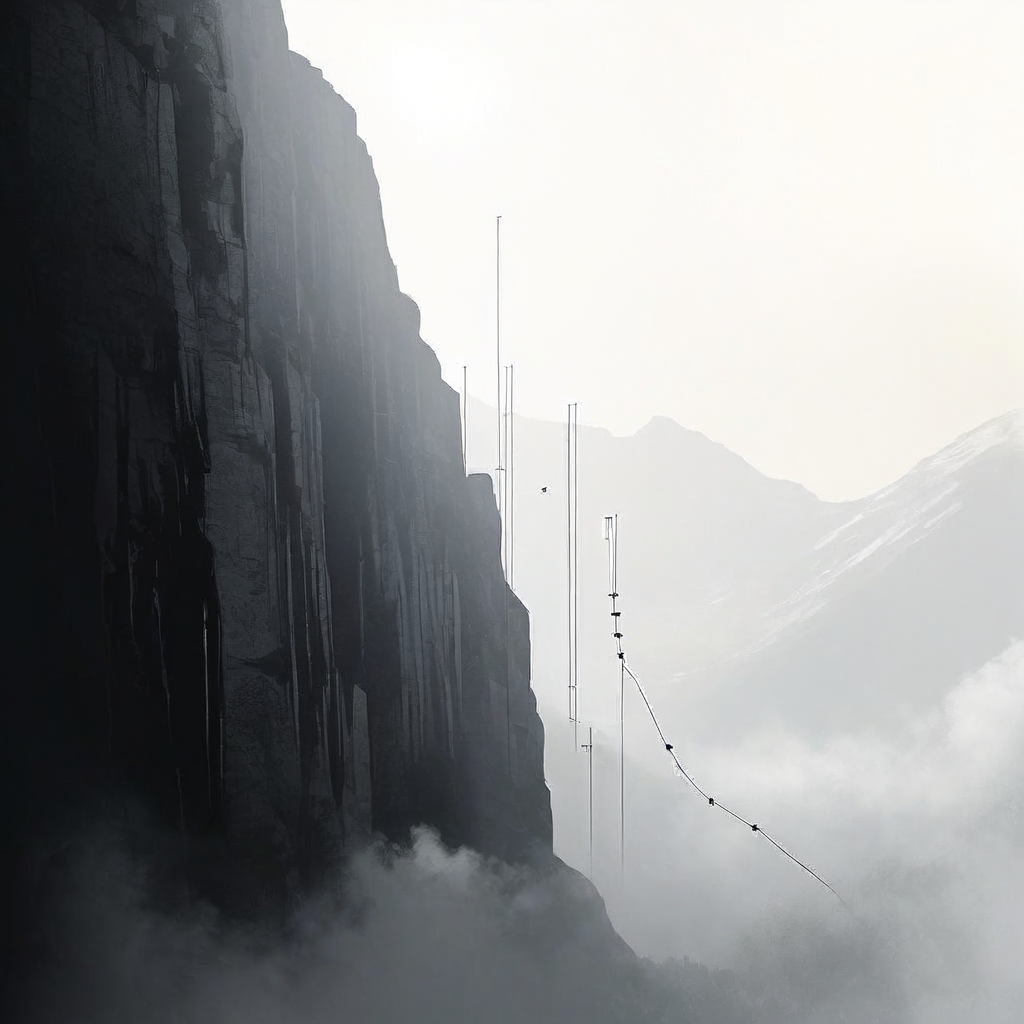 데이터 분석에서 부분 정보만 강조하여 전체 규모를 왜곡하는 오류를 경계해야 함을 상징적으로 보여주는 그림으로, 안개에 가린 절벽을 오르는 그래프 선과 그림자에 가려진 실제 데이터 규모를 가리키는 손이 묘사되어 있습니다.