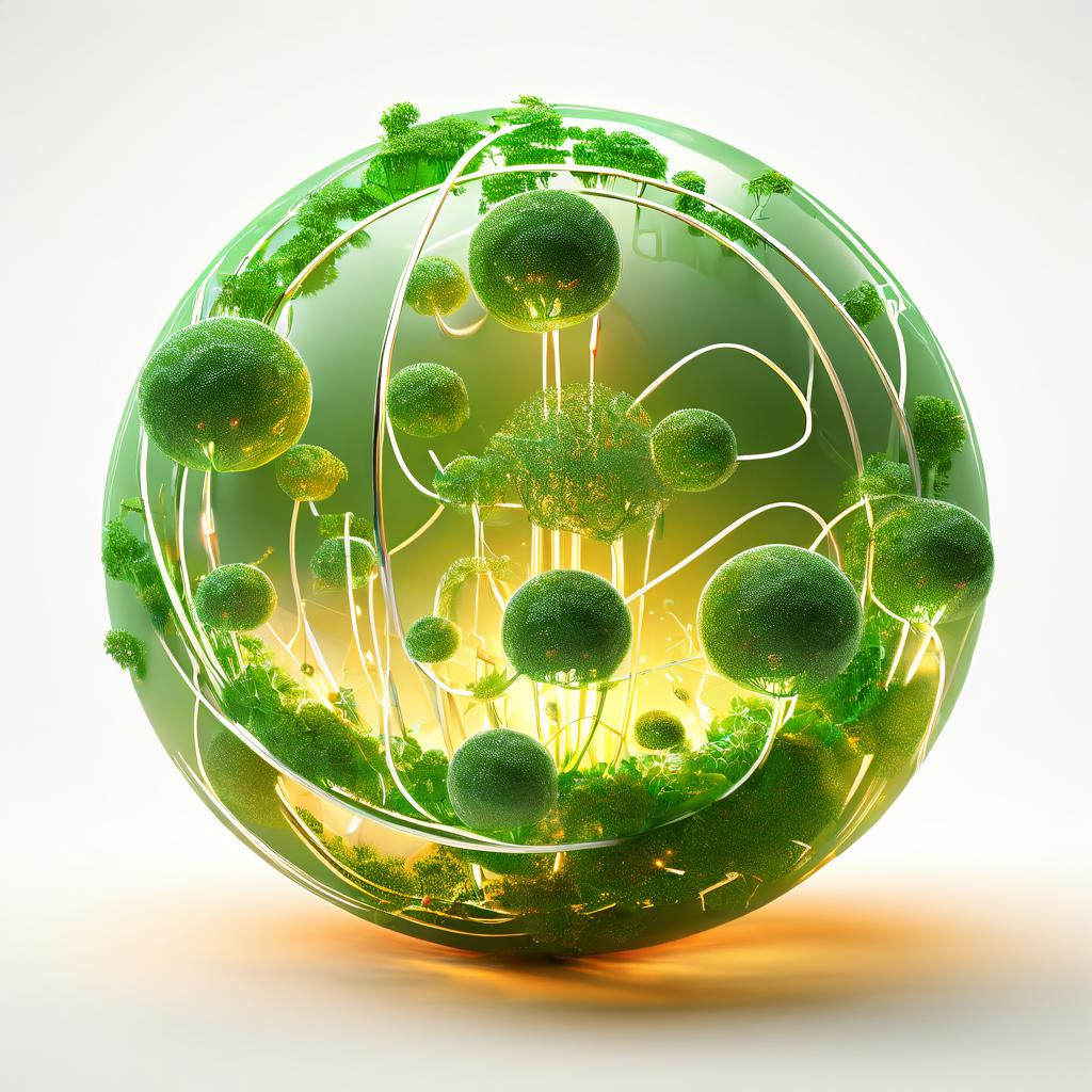 작은 유기적 구체가 성장하여 복잡하고 완벽한 구형 행성으로 변모하는 3D 모델로, 빛나는 연결선이 진화와 확장 과정을 상징적으로 표현합니다.
