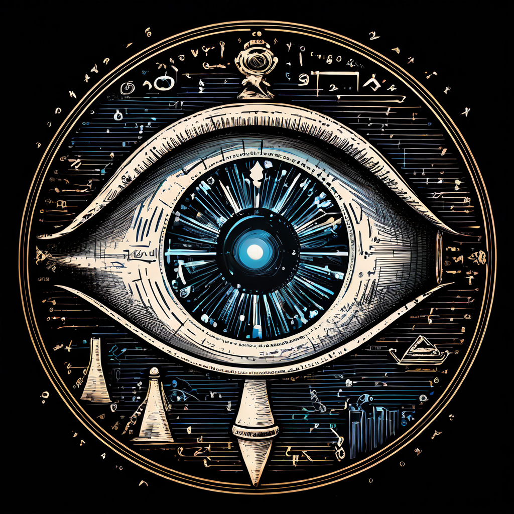 눈의 해부학적 구조와 시각 기능을 확대경과 화살표로 상세히 분석한 의학 교육용 도해를 칠판 배경 위에 표현한 이미지입니다.