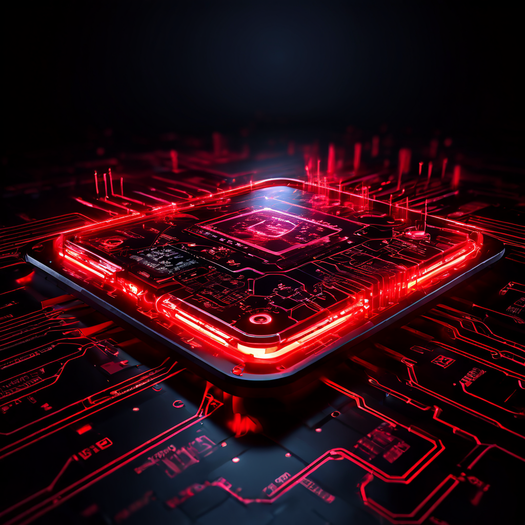 데이터 스트림이 빠르게 흐르는 가운데 단일 적색 경고등이 불길하게 빛나는 고급 회로 기판으로, 시스템 오류나 보안 위험을 암시하는 희미한 위험 표지들이 주변에 배치되어 있습니다.