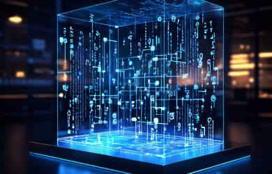 투명하게 빛나는 디지털 원장이 복잡한 네트워크 속에 위치하지만, 흐릿한 금융 데이터와 의문표들이 블록체인 기술의 투명성과 신뢰를 위협하는 상황을 상징적으로 표현한 이미지입니다.