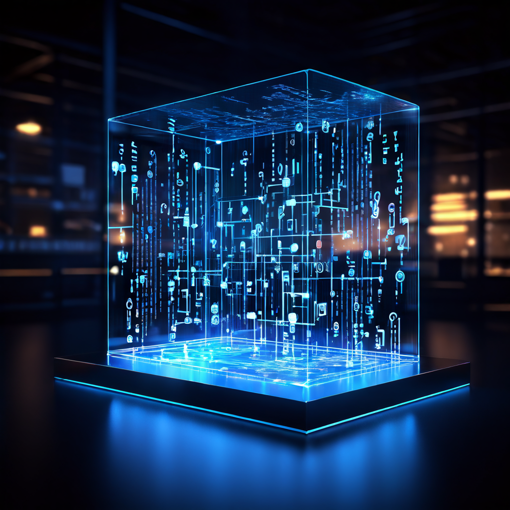 투명하게 빛나는 디지털 원장이 복잡한 네트워크 속에 위치하지만, 흐릿한 금융 데이터와 의문표들이 블록체인 기술의 투명성과 신뢰를 위협하는 상황을 상징적으로 표현한 이미지입니다.