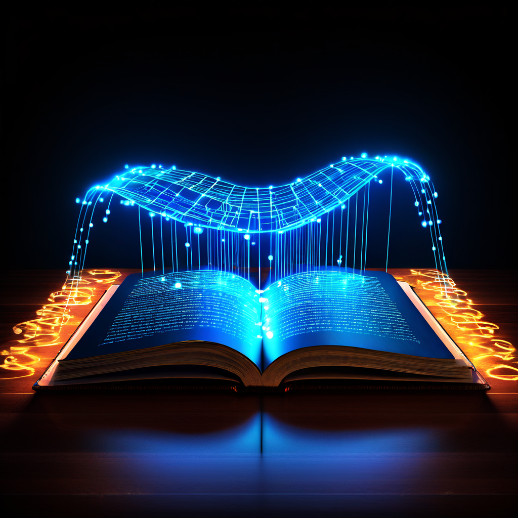 전통적인 장부와 현대 서버를 연결하며 빛나는 데이터 흐름이 오가는 디지털 다리는 회계의 진화와 디지털 변환을 상징적으로 보여줍니다.