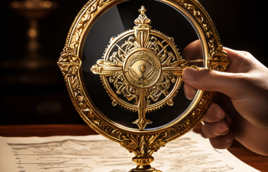 공문서의 금속 인장 디테일을 확대경으로 집중 조명하며 검증하는 모습으로, 문서 진위 확인 및 공인 절차의 중요성을 강조합니다.