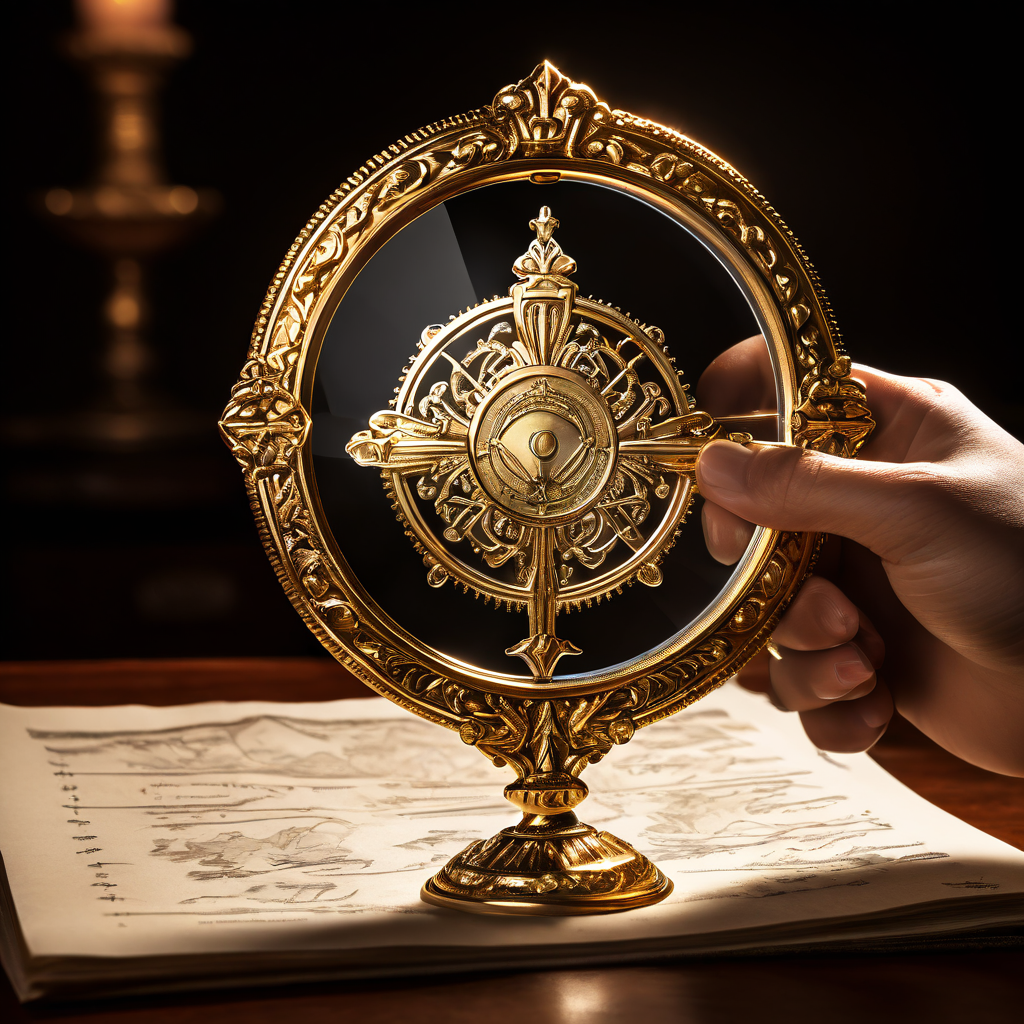 공문서의 금속 인장 디테일을 확대경으로 집중 조명하며 검증하는 모습으로, 문서 진위 확인 및 공인 절차의 중요성을 강조합니다.