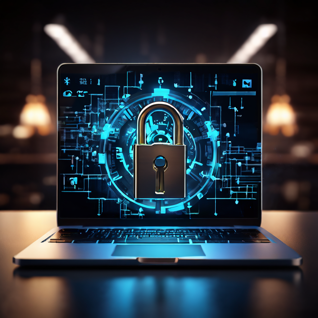 열린 노트북 화면에 디지털 자물쇠가 자동으로 채워지고 타이머 아이콘과 로그아웃 심볼이 나타나며 자동화된 보안 프로토콜이 작동하는 개념을 시각적으로 표현한 이미지입니다.