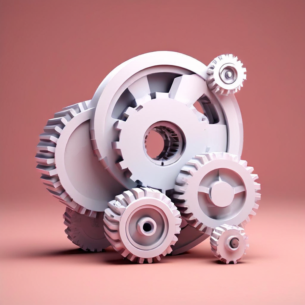 제품의 핵심 부품이 직관적으로 결합되는 방식을 보여주는 미니멀리즘 3D 렌더링으로, 정밀한 기어나 블록이 완벽하게 맞물리는 구조를 설명합니다.