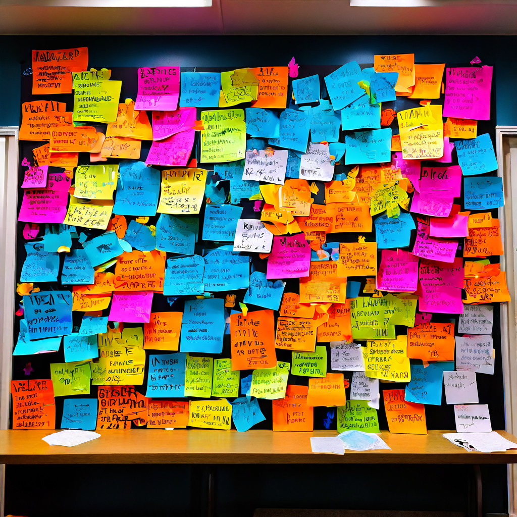 활발한 커뮤니티 참여와 열정적인 소통을 상징하는 다채로운 게시물로 가득 찬 생동감 넘치는 공지사항 게시판 이미지입니다.