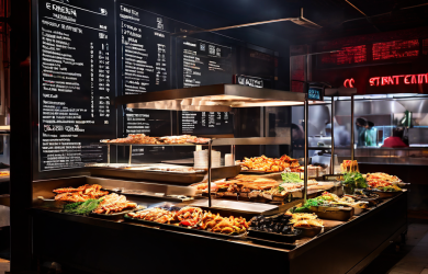 작은 길거리 음식점의 간단한 손글씨 메뉴판과 대형 화면에 펼쳐진 정교한 디지털 식당 인터페이스가 기술 발전에 따른 소비자 경험의 극명한 차이를 대비하여 보여주고 있습니다.