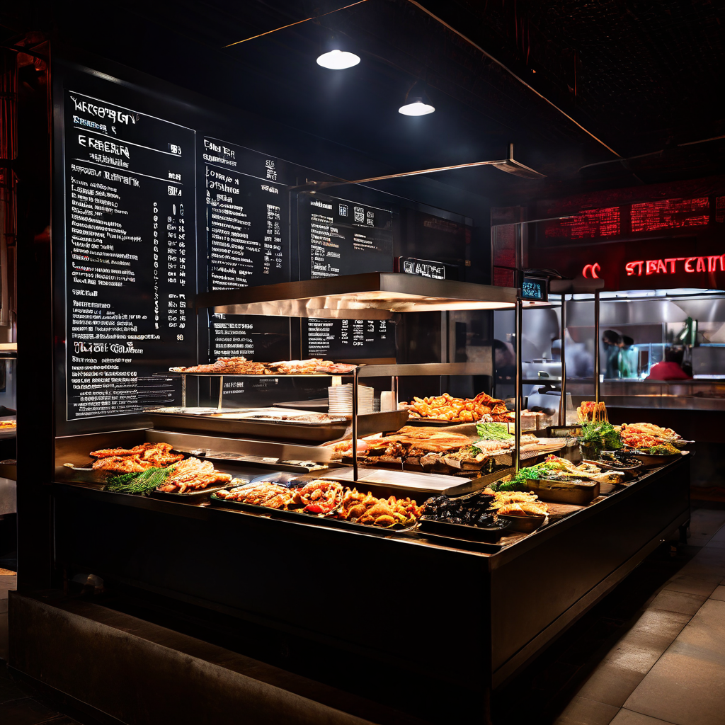 작은 길거리 음식점의 간단한 손글씨 메뉴판과 대형 화면에 펼쳐진 정교한 디지털 식당 인터페이스가 기술 발전에 따른 소비자 경험의 극명한 차이를 대비하여 보여주고 있습니다.