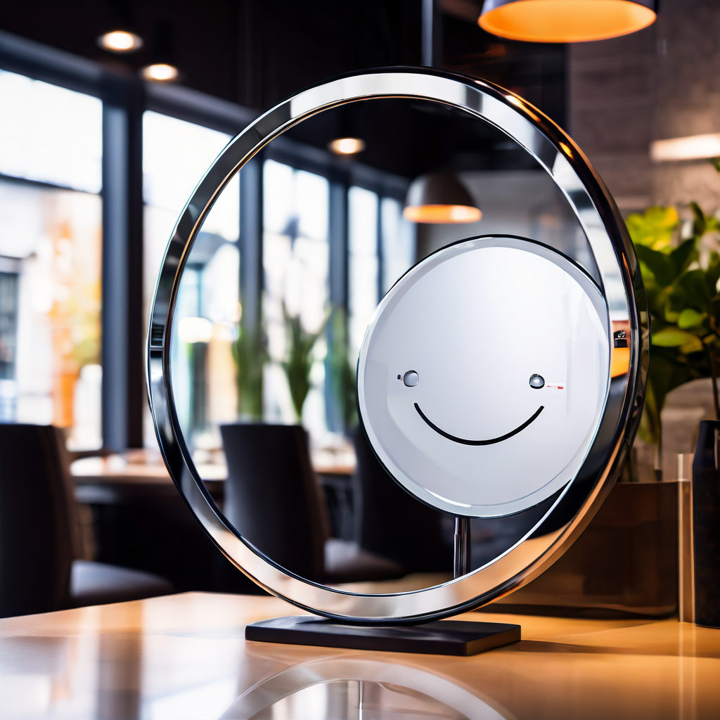 고객 서비스 로고가 새겨진 광택 있는 거울에 비친 만족한 고객의 모습으로, 전문적이고 균형 잡힌 서비스가 고객 행복으로 이어지는 의미를 담고 있습니다.