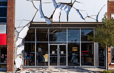 새로운 매장이나 서비스의 성대한 오픈 현장에서, 간판이나 외관에 갑자기 생긴 커다란 균열로 예상치 못한 문제가 발생하는 상황을 상징적으로 묘사한 이미지입니다.