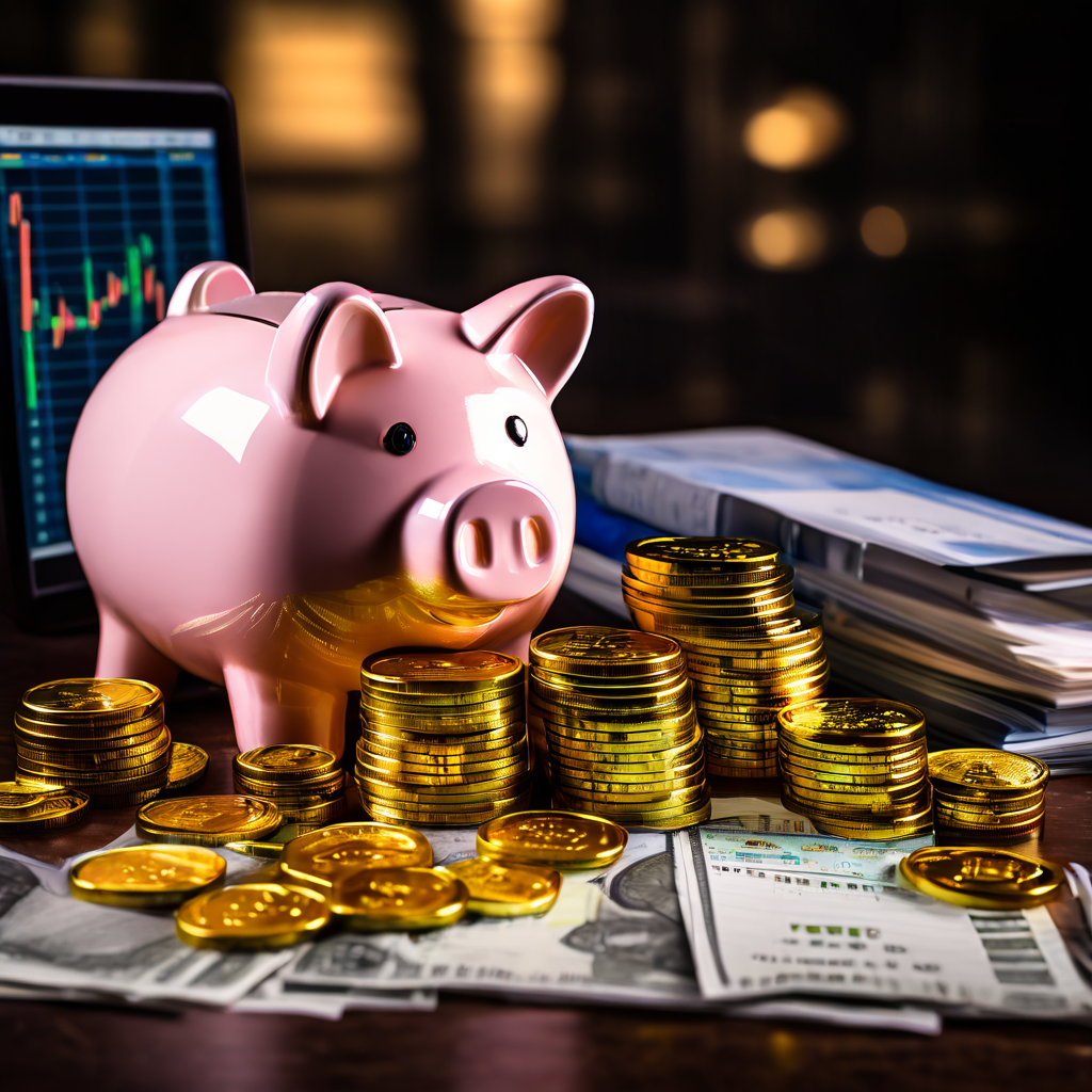 금융 성장과 재정 안정을 상징하는 튼튼한 돼지 저금통이 금화와 지폐로 가득 차고, 균형 잡힌 재무 서류와 상승하는 주식 시장 그래프 위에 놓여 있는 모습을 묘사한 이미지입니다.