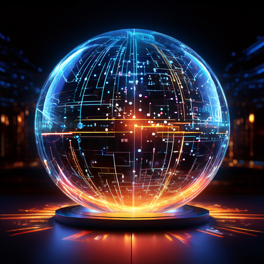 디지털 영역의 핵심을 형상화한 빛나는 구체가 주변을 탐사하는 스캔 빔과 데이터 흐름으로 분석받으며 활발히 작동하는 모습을 담은 개념도입니다.