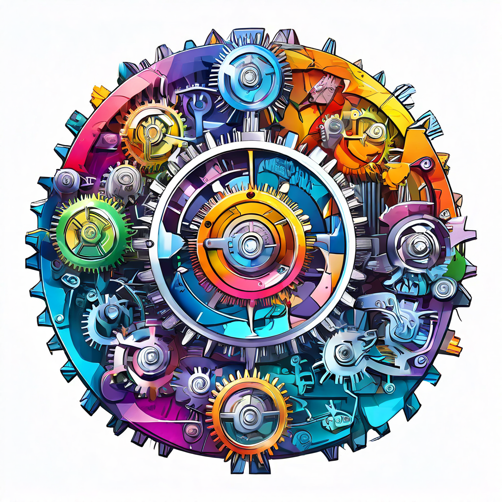 복잡하고 투명한 기계 내부에서 서로 맞물려 돌아가는 다양한 톱니바퀴가 기업 문화의 비주얼 메타포로서, 다양한 고객 서비스 스타일의 상호작용과 조화를 상징적으로 표현한 이미지입니다.