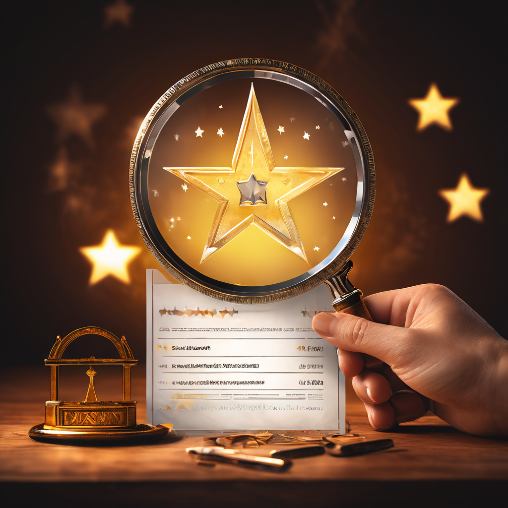 확인된 신뢰성을 상징하는 빛나는 인증 배지와 자물쇠 아이콘 옆에서, 돋보기로 확대된 5성 등급 차트를 손이 집중적으로 살펴보고 있는 모습을 묘사합니다.