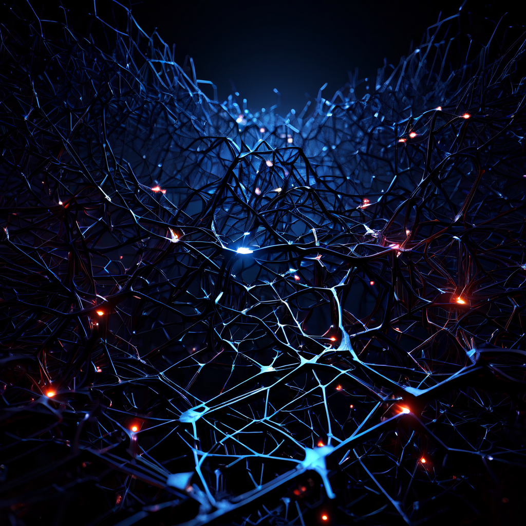 복잡하게 연결된 빛나는 노드와 가지치기 구조가 다층적 정보 체계의 심층적인 아키텍처를 시각적으로 구현한 3D 네트워크 모델을 나타냅니다.
