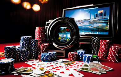 A documentary-style editorial photograph showing a casino felt table with neatly arranged poker chips, playing cards, and a blurre