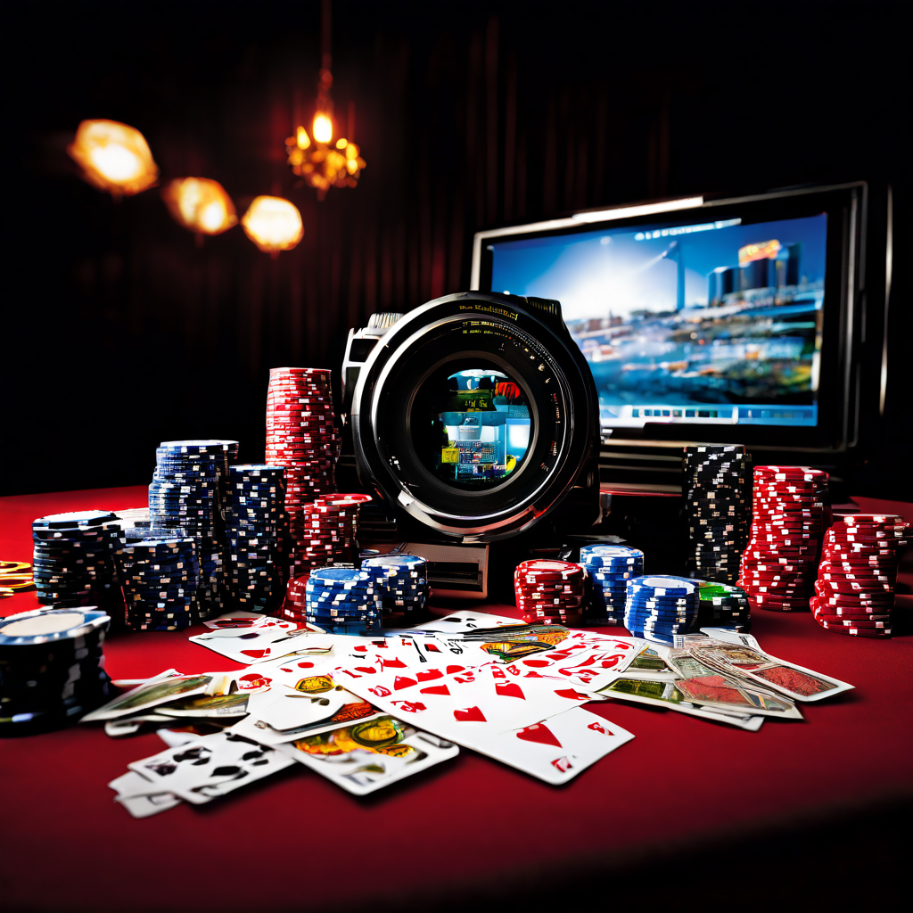 A documentary-style editorial photograph showing a casino felt table with neatly arranged poker chips, playing cards, and a blurre