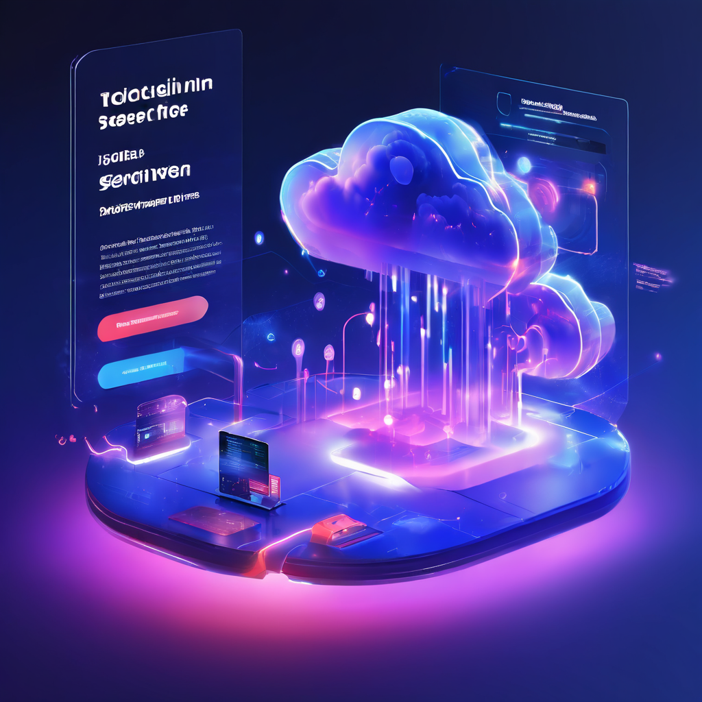 A wide premium digital platform scene showing login flow layers with cloud infrastructure, data movement, and secure session...
