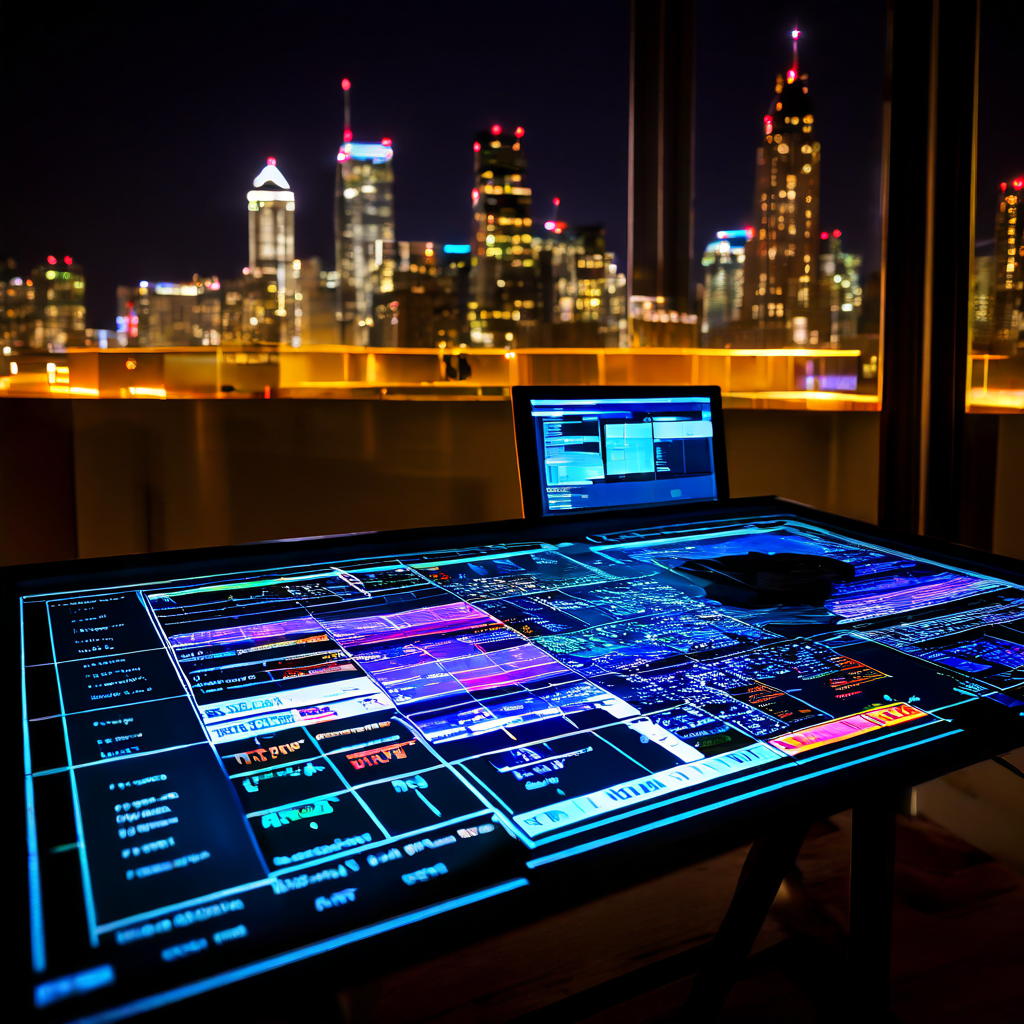 Professionals in a dimly lit monitoring room study multiple blank screens and casino felt tables, with blurred card decks and chip