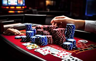 Documentary style photograph of a cluttered desk with a laptop showing a blurred blank screen, scattered playing cards, casino chi