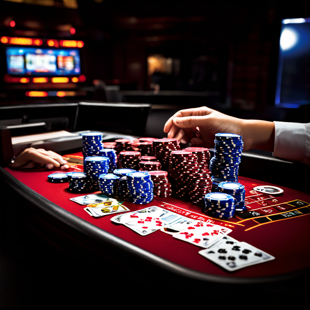 Documentary style photograph of a cluttered desk with a laptop showing a blurred blank screen, scattered playing cards, casino chi